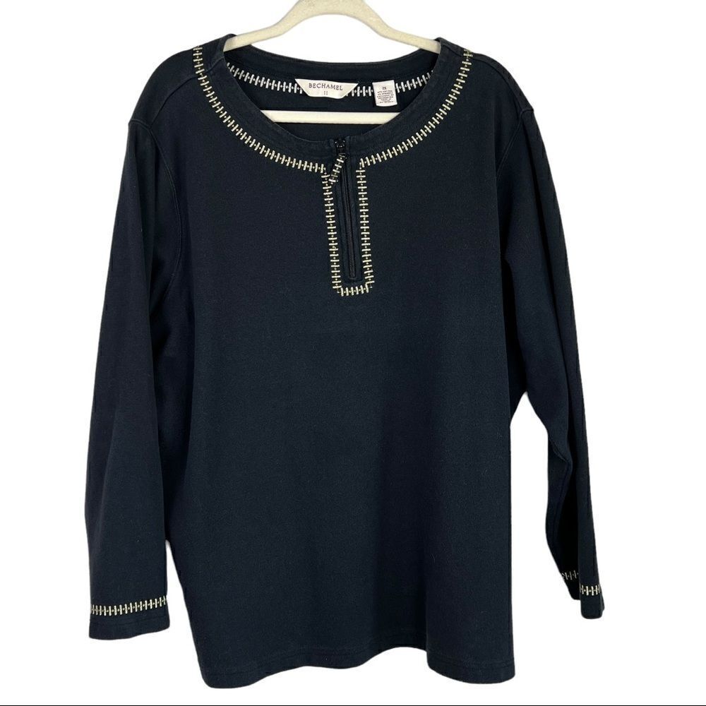 Bechamel Long sleeve pull over blouse Gold stitching quarter zip Black size 2X